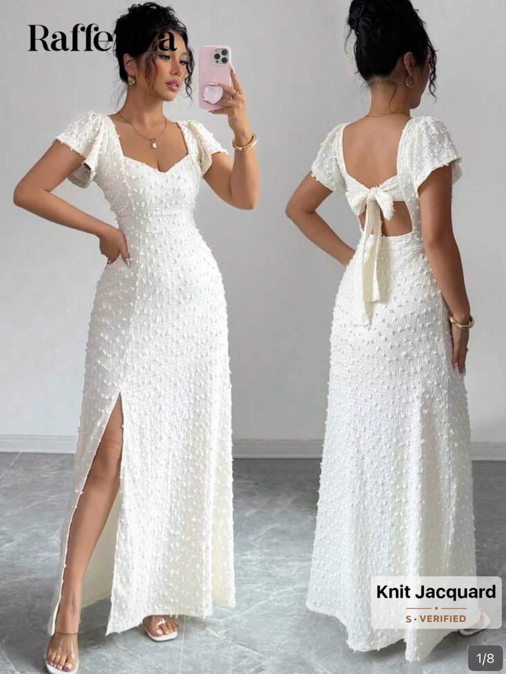 White Knit Jacquard Open-Back Maxi Dress